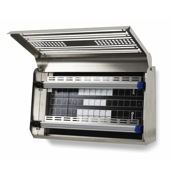 Stainless steel light fixture with filter grid on a white background