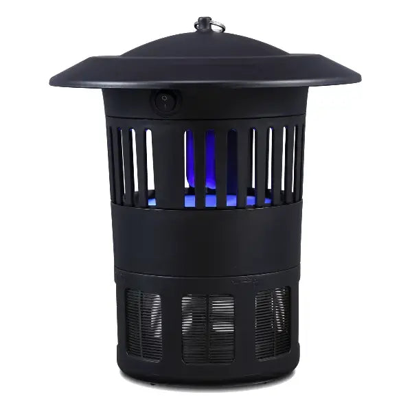 Black outdoor insect killer with blue light on a white background