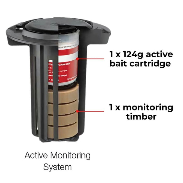 Active monitoring system with 124g active bait cartridge and monitoring timber on a white background