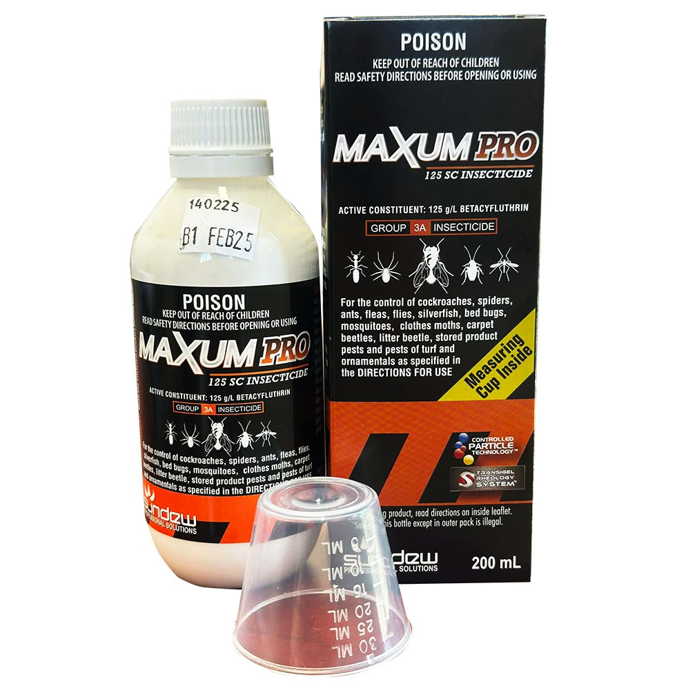 Maxum Pro pesticide bottle and packaging with measuring cap on a white background