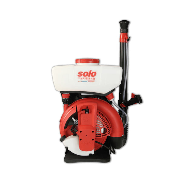 Red and white backpack sprayer with 'Solo' branding on a white background