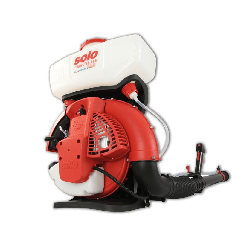 Red and white backpack sprayer with 'Solo' branding on a white background