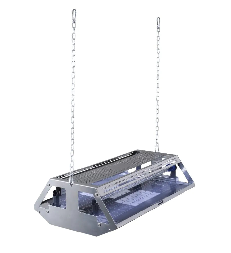 Metallic hanging LED light with chains on a white background